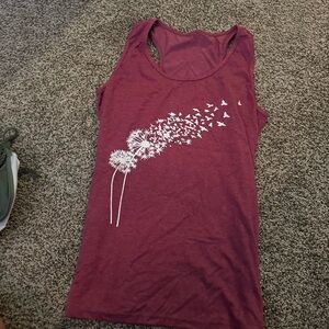 Amazon Women's Maroon Tank Top with Dandelion and Bird Design